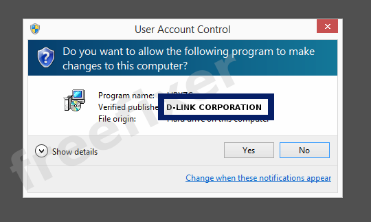 Screenshot where D-LINK CORPORATION appears as the verified publisher in the UAC dialog